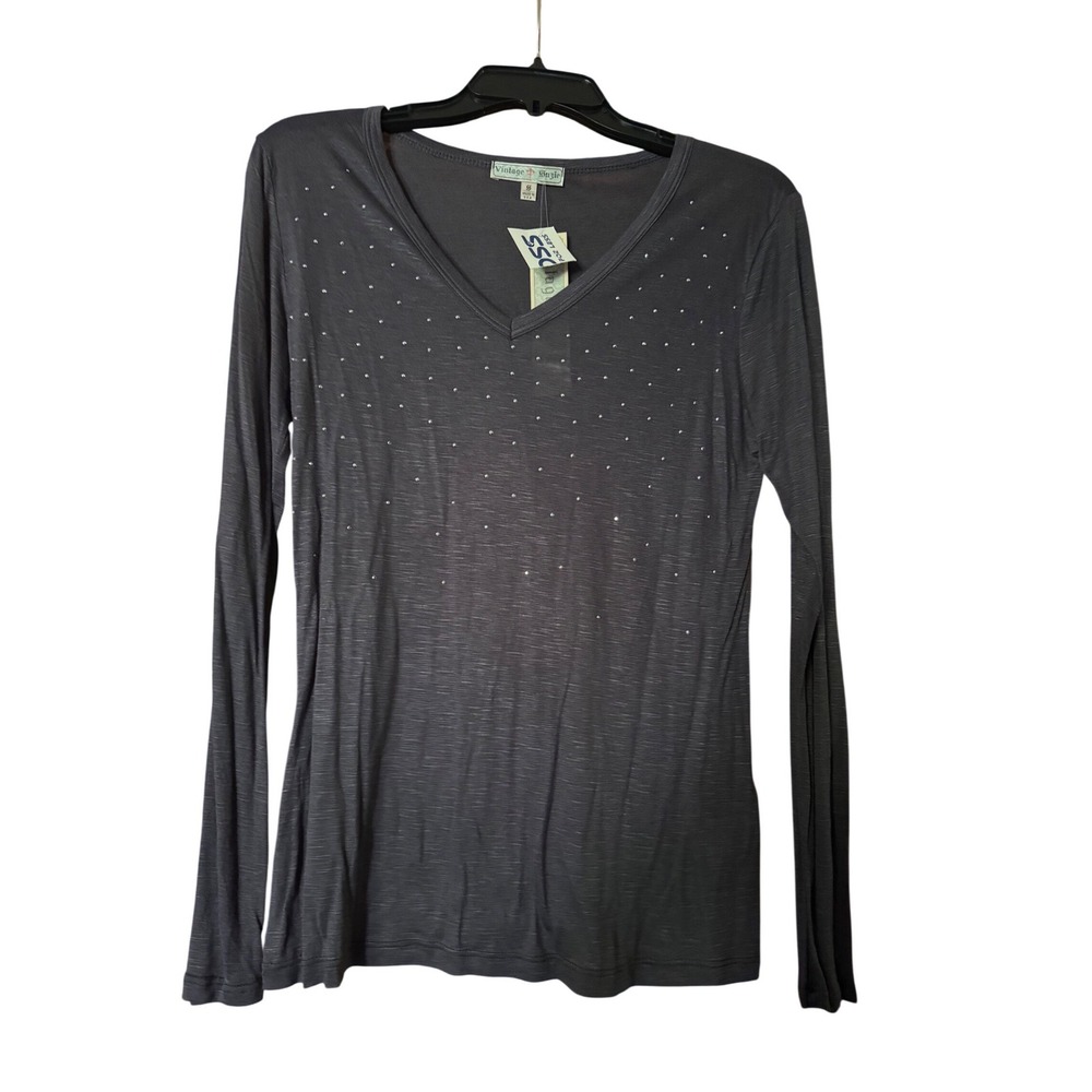Suzie Womens Gray Slub Knit Rhinestone V-Neck Long Sleeve Top S NEW